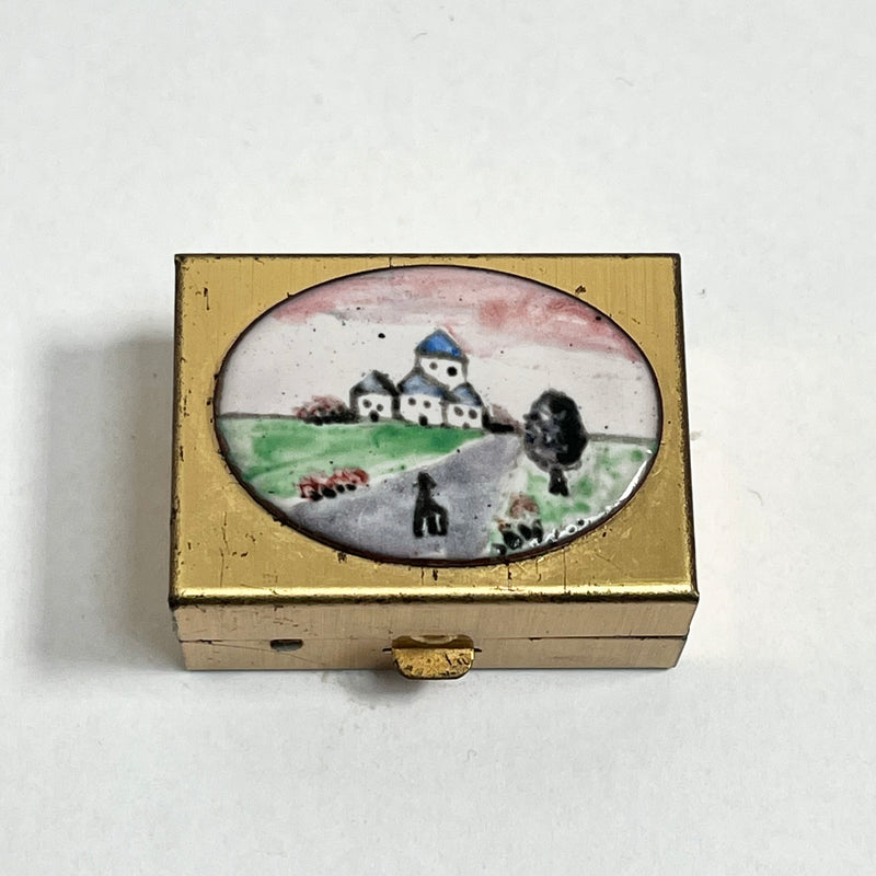 Vintage Pill Box with Lip Balm - Handpainted pastoral scene