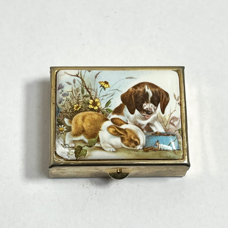Vintage Pill Box with Lip Balm - Puppy and Rabbit