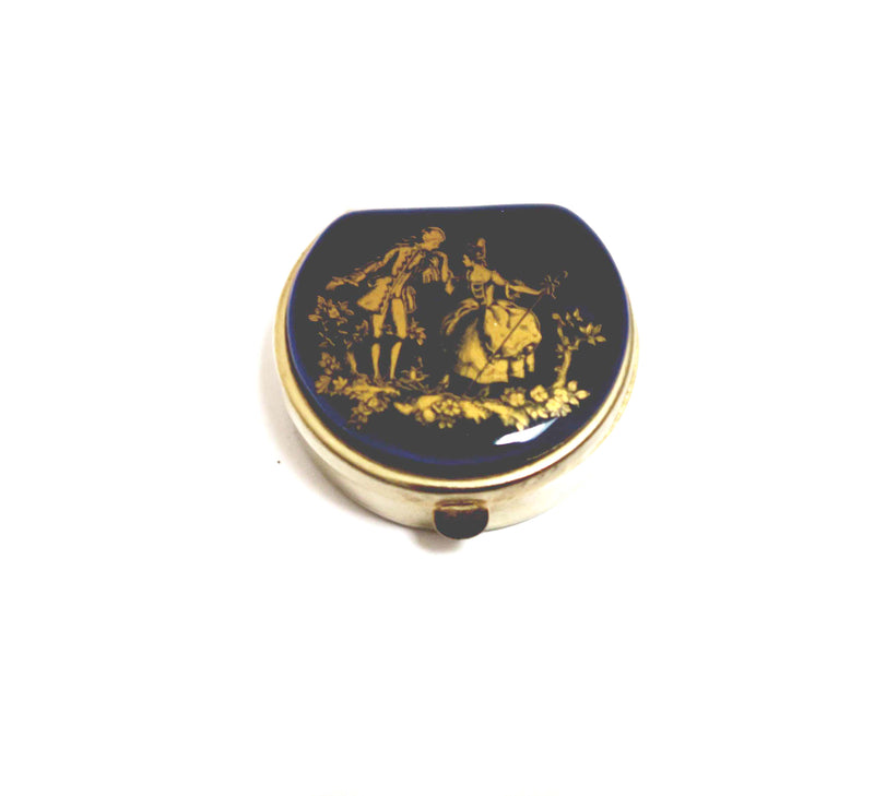 Vintage Pill Box with Lip Balm - Navy and Gold Courting Couple - Andrea Garland