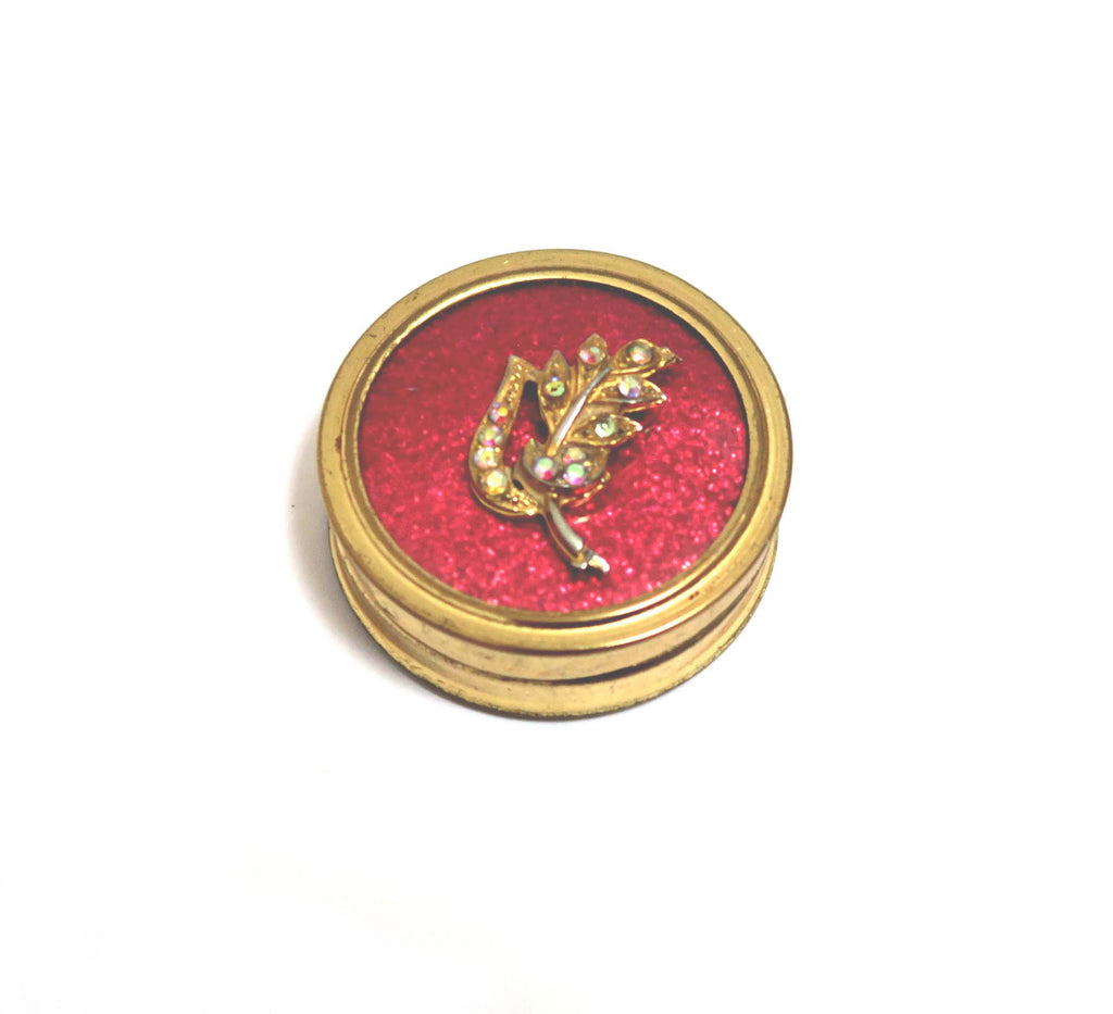 Vintage Pill Box with Lip Balm - Leaf and rhinestones - Andrea Garland