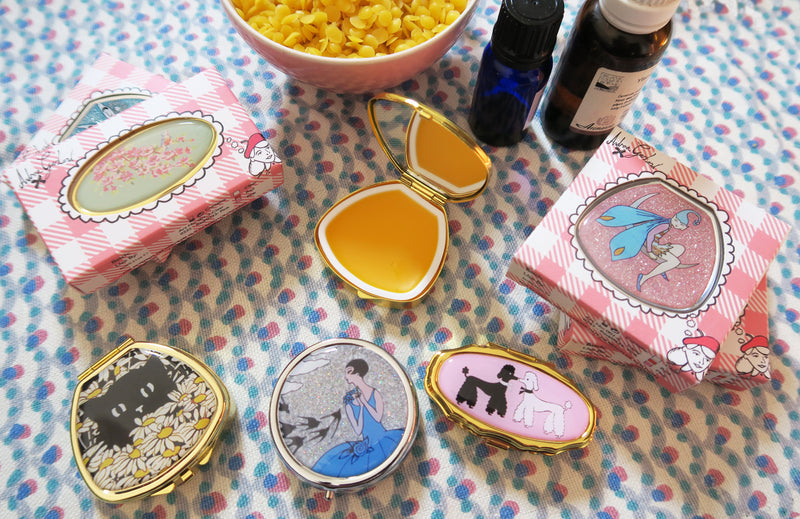 Black Cats on a Snowy Tin Roof - Lip Balm Glitter Compact - refillable lip balm, eco lip balm, vegan lip balm, vintage lip balm, no waste lip balm, sustainable beauty, vintage inspired lip balm, lip balm compact, refill, cruelty free, handmade lip balm, small batch lip balm, vintage, Andrea Garland