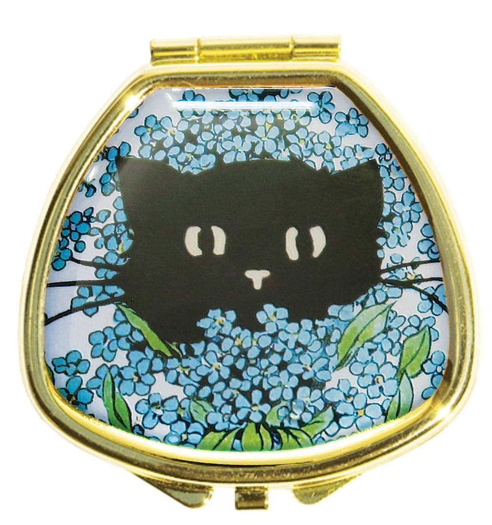 Hide and Seek Kitty in Forget Me Nots - Lip Balm Compact - black cat, refillable lip balm, eco lip balm, vegan lip balm, vintage lip balm, no waste lip balm, sustainable beauty, vintage inspired lip balm, lip balm compact, refill, cruelty free, handmade lip balm, small batch lip balm, vintage, Andrea Garland