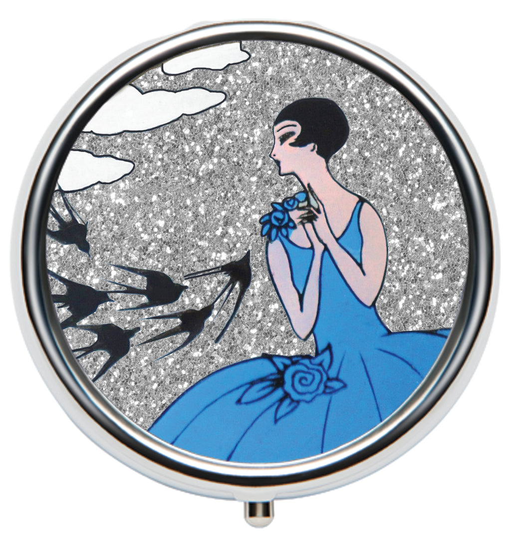 Glitter Art Deco Swallows - Lip Balm Compact - refillable lip balm, eco lip balm, vegan lip balm, vintage lip balm, no waste lip balm, sustainable beauty, vintage inspired lip balm, lip balm compact, refill, cruelty free, handmade lip balm, small batch lip balm, vintage, Andrea Garland