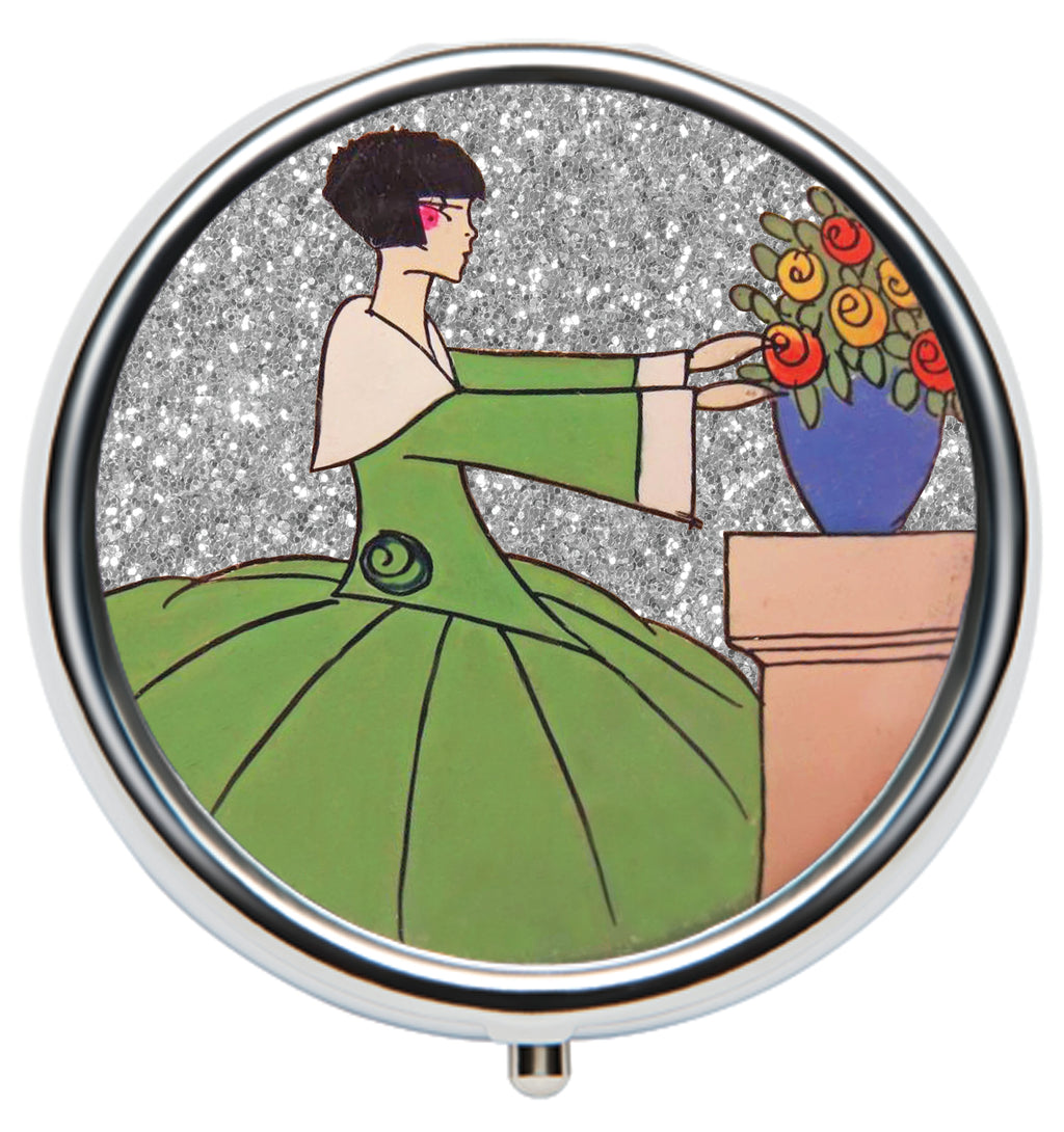 Lip Balm Compact - Glitter Floral Pot - refillable lip balm, eco lip balm, vegan lip balm, vintage lip balm, no waste lip balm, sustainable beauty, vintage inspired lip balm, lip balm compact, refill, cruelty free, handmade lip balm, small batch lip balm, vintage, Andrea Garland