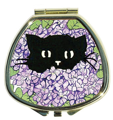 Hide and Seek Kitty in Hydrangeas - Lip Balm, black cat, refillable lip balm, eco lip balm, vegan lip balm, vintage lip balm, no waste lip balm, sustainable beauty, vintage inspired lip balm, lip balm compact, refill, cruelty free, handmade lip balm, small batch lip balm, vintage, Andrea Garland Balm Compact - Andrea Garland