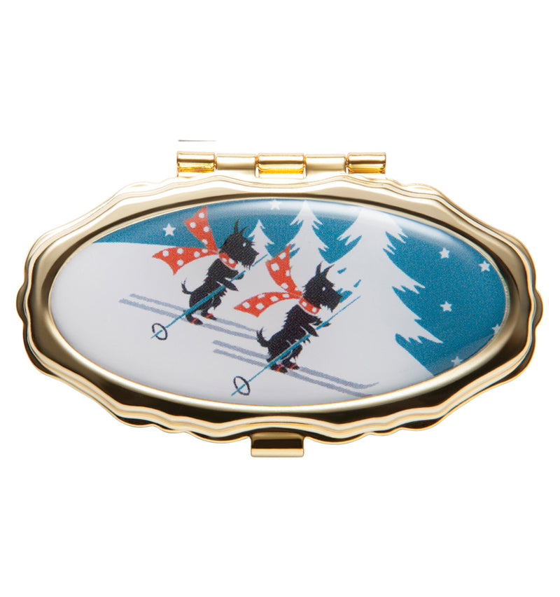 Skiing Scotties - Lip Balm Compact - Andrea Garlandrefillable lip balm, eco lip balm, vegan lip balm, vintage lip balm, no waste lip balm, sustainable beauty, vintage inspired lip balm, lip balm compact, refill, cruelty free, handmade lip balm, small batch lip balm, vintage, Andrea Garland
